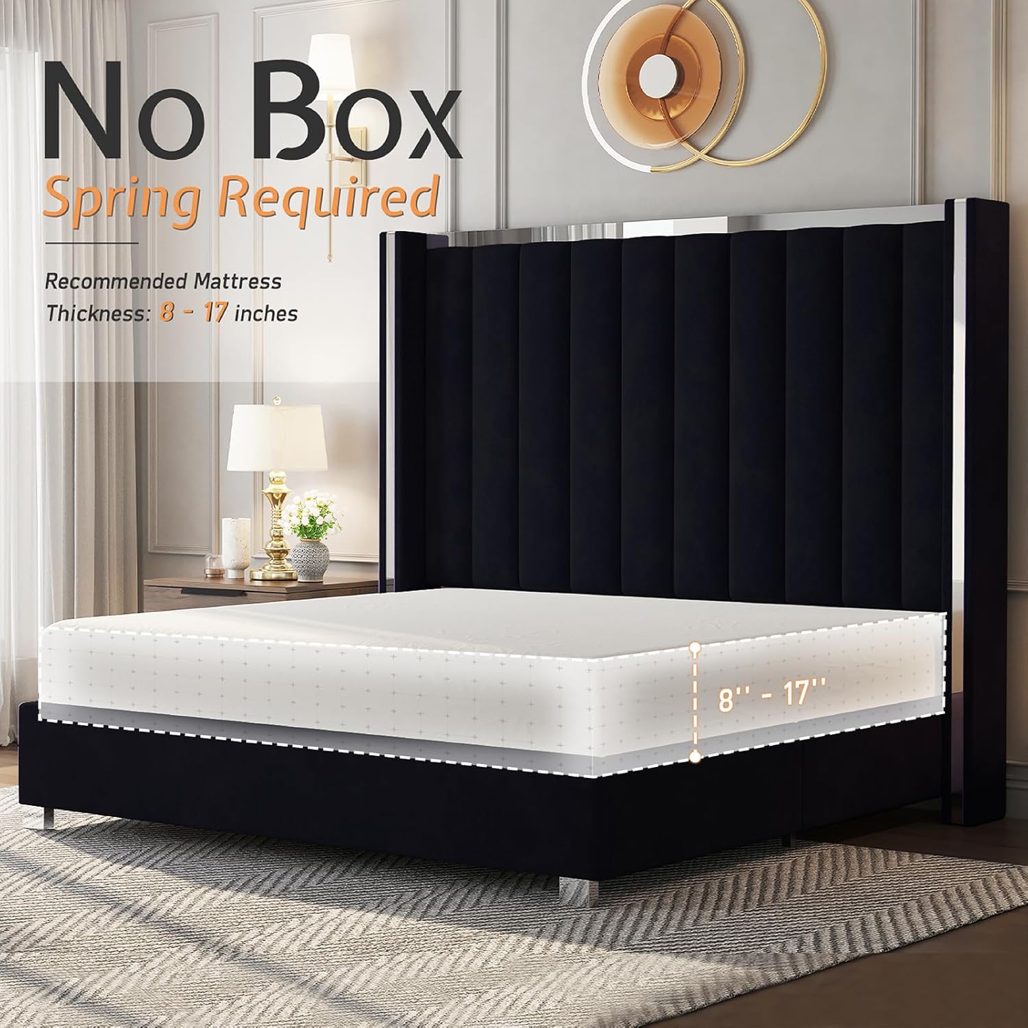 Jocisland King Size Bed Frame with 58" Tall Headboard, Velvet Upholstered Platform Bed with Channel Tufted Wingback Headboard and Plating Trim, No Box Spring Needed, Black