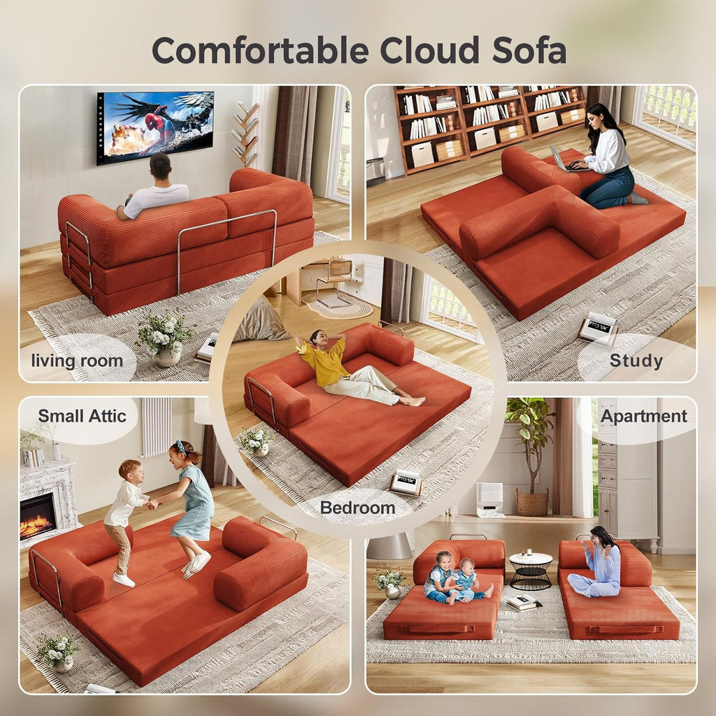 Folding Sofa Bed, Convertible Sleeper Couch, 78 Inch Oversized Corduroy Upholstered Boneless Couch, Loveseat Sleeper with Pull Out Bed, Floor Sofa Modular Futon Couch for Living Room Bedroom