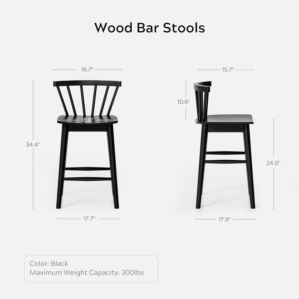 Wood Bar Stools Set of 3, 24" Barstool Farmhouse Counter Stools with Curved Back for Dining Room, Black
