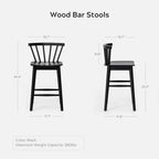 Wood Bar Stools Set of 3, 24" Barstool Farmhouse Counter Stools with Curved Back for Dining Room, Black