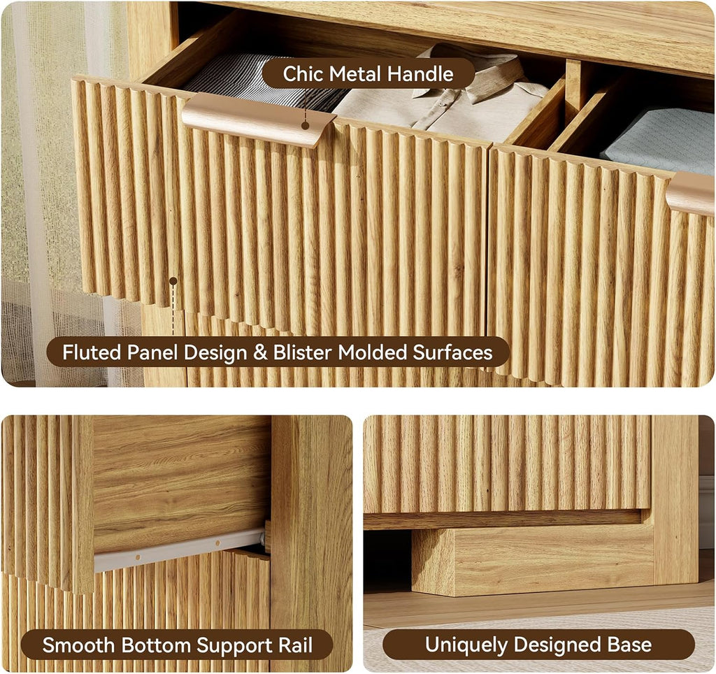 Fluted Dresser for Bedroom, 7 Drawer Dresser with Gold Handle, 54" Wide Chest of Drawers, Modern Wood Dressers Organizer for Bedroom, Liveroom, Entryway, Natural Oak