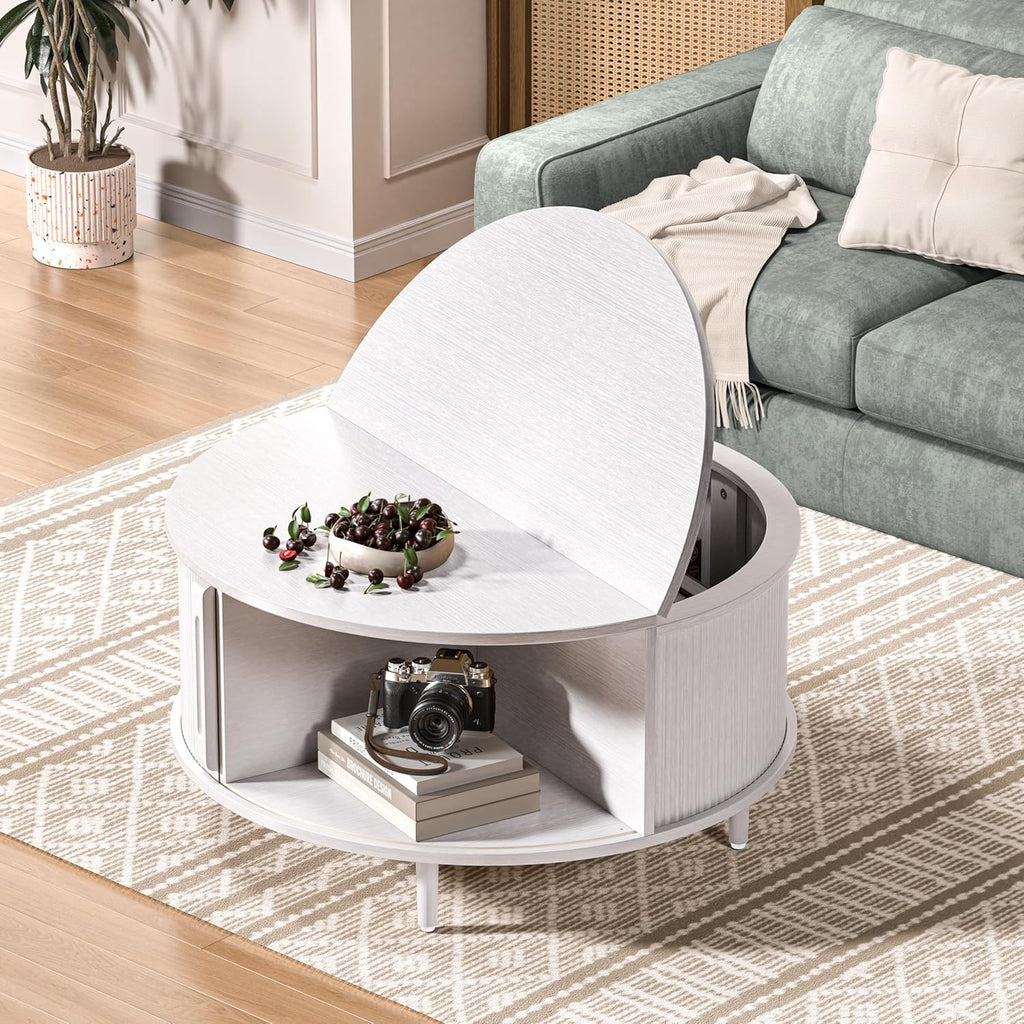 Round Coffee Table, 31.5" Fluted Center Table with Storage, Lift-Top Coffee Table with Adjustable Footpads, Sliding Door, Mid-Century Modern Center Table for Living Room, Small Space (Pure White)