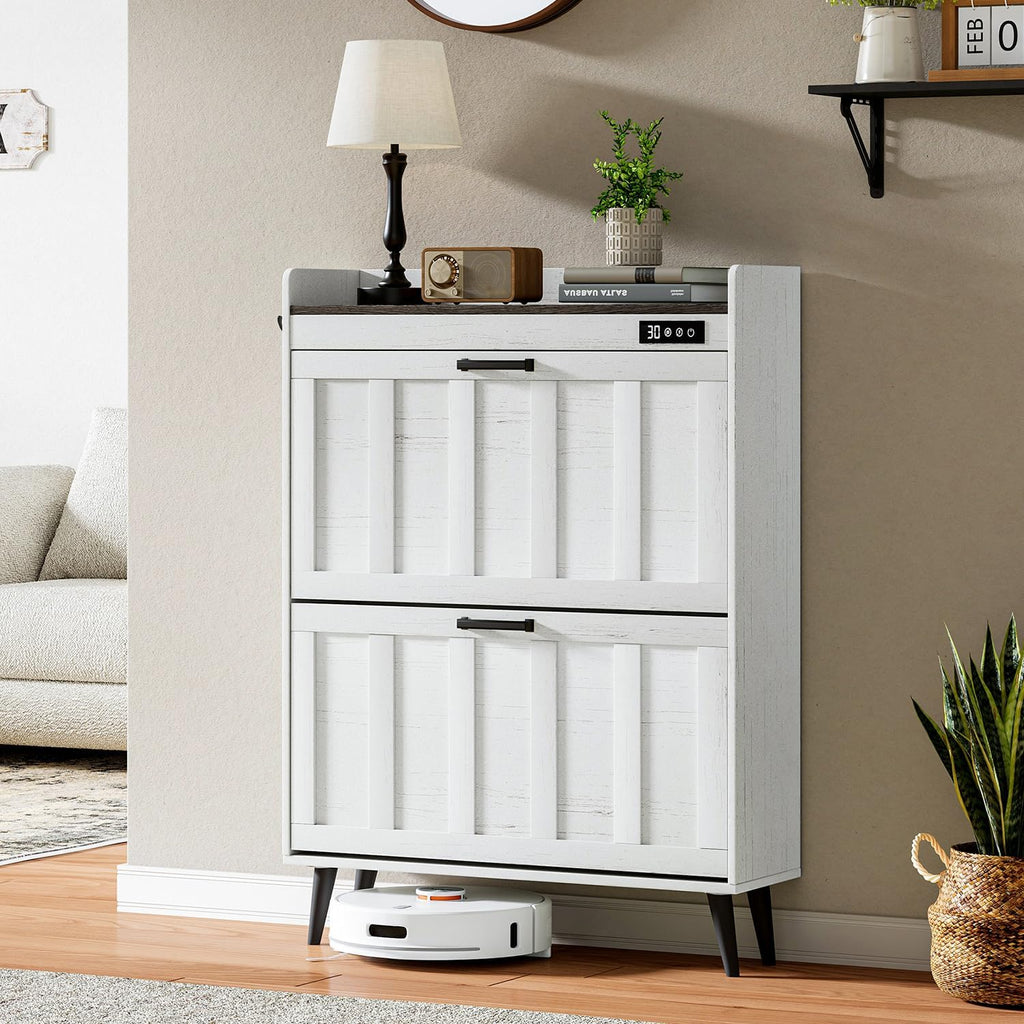 ChooChoo Shoe Storage Cabinet with 2 Flip Drawers, Deodorizing Shoe Organizer Storage for Entryway, Freestanding Hidden Slim Narrow Shoe Rack Cabinet, Antique White & Brown