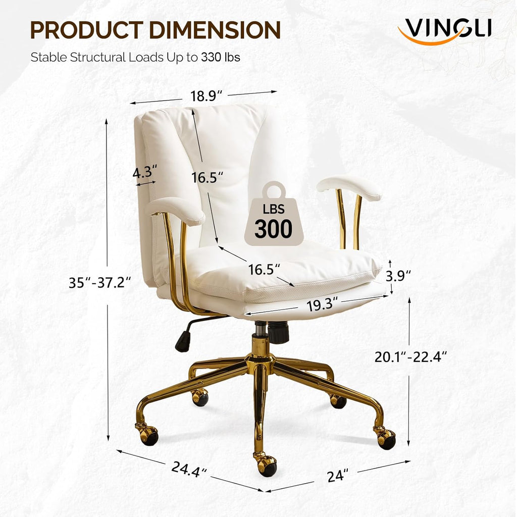 VINGLI Home Office Desk Chair Comfy with Wheels & Removable Armrests,Gold Base Vanity Chair with Back, Adjustable Rolling Swivel Computer Task Chair for Study,Makeup,Office,Bedroom,PU Leather,White