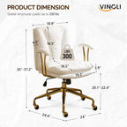 VINGLI Home Office Desk Chair Comfy with Wheels & Removable Armrests,Gold Base Vanity Chair with Back, Adjustable Rolling Swivel Computer Task Chair for Study,Makeup,Office,Bedroom,PU Leather,White