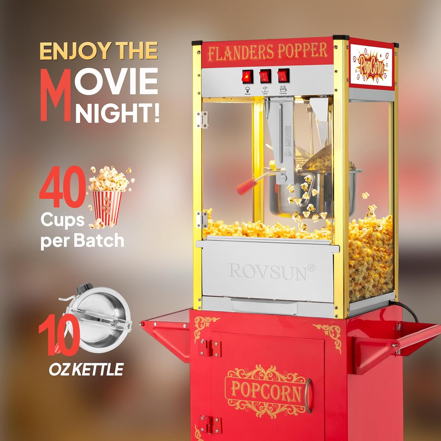ROVSUN Popcorn Machine with Cart, 10 Oz Kettle Makes Up to 4 Gallons ETL Certified, Vintage Popcorn Maker w/Scoop, Oil Spoon, Bags & 3 Popcorn Cups, Movie Theater Style Popper for Commercial Home, Red