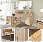 T4TREAM 48" Fluted Makeup Vanity Desk with HD Triple Mirror and Lights, Large Lighted Corner Vanity with Glass Top, Modern Dressing Table with 3 Drawers & 2 Cabinets for Bedroom, Natural Oak