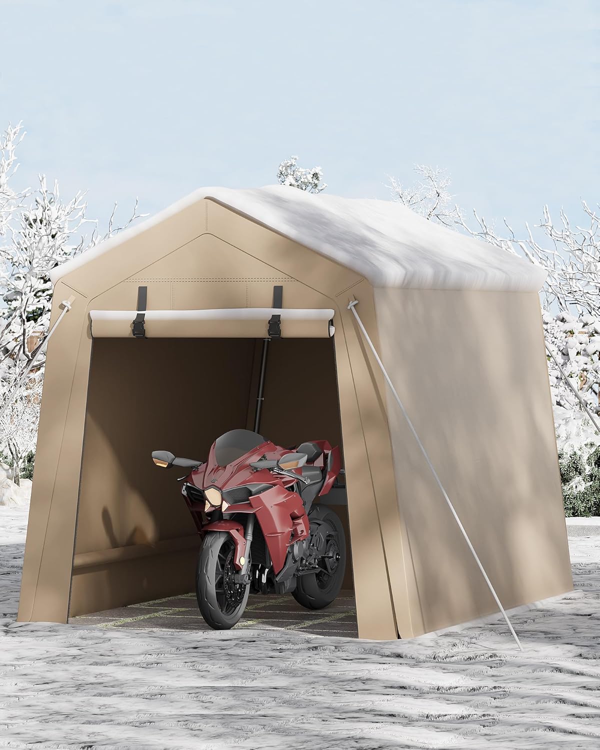 6x8 FT Portable Outdoor Storage Shelter Shed with Roll-Up Zippered Door, Heavy-Duty Waterproof and UV-Resistant Carport Tent, Suitable for Storing Motorcycles, Bicycles, Lawn Mower, Tools Khaki