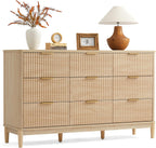 LINSY HOME Fluted Dresser for Bedroom with 9 Drawers, 58" Wide Mid Century Modern Dresser, Tall Boho Chest of Drawers, Large Wood Accent Storage Cabinet for Living Room, Curved Profile Design, Oak