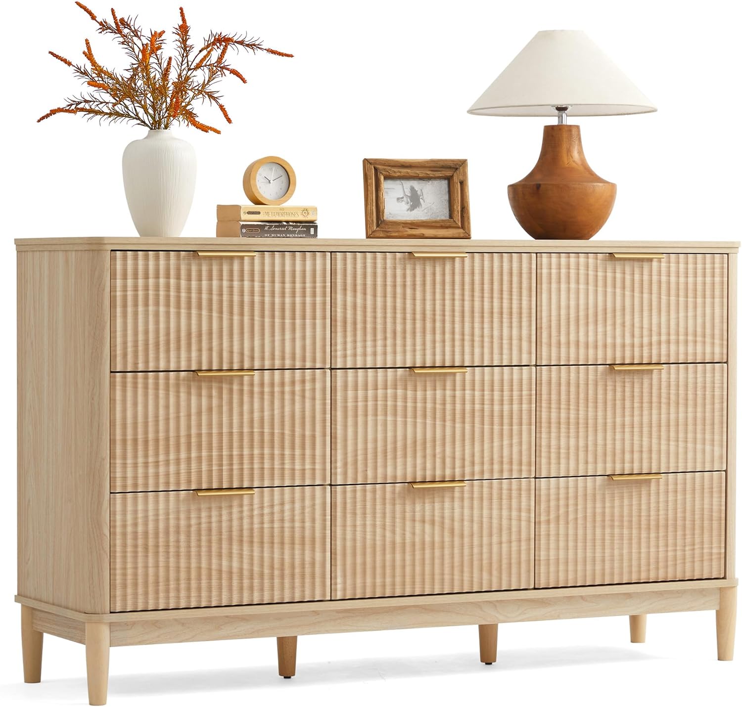 LINSY HOME Fluted Dresser for Bedroom with 9 Drawers, 58" Wide Mid Century Modern Dresser, Tall Boho Chest of Drawers, Large Wood Accent Storage Cabinet for Living Room, Curved Profile Design, Oak