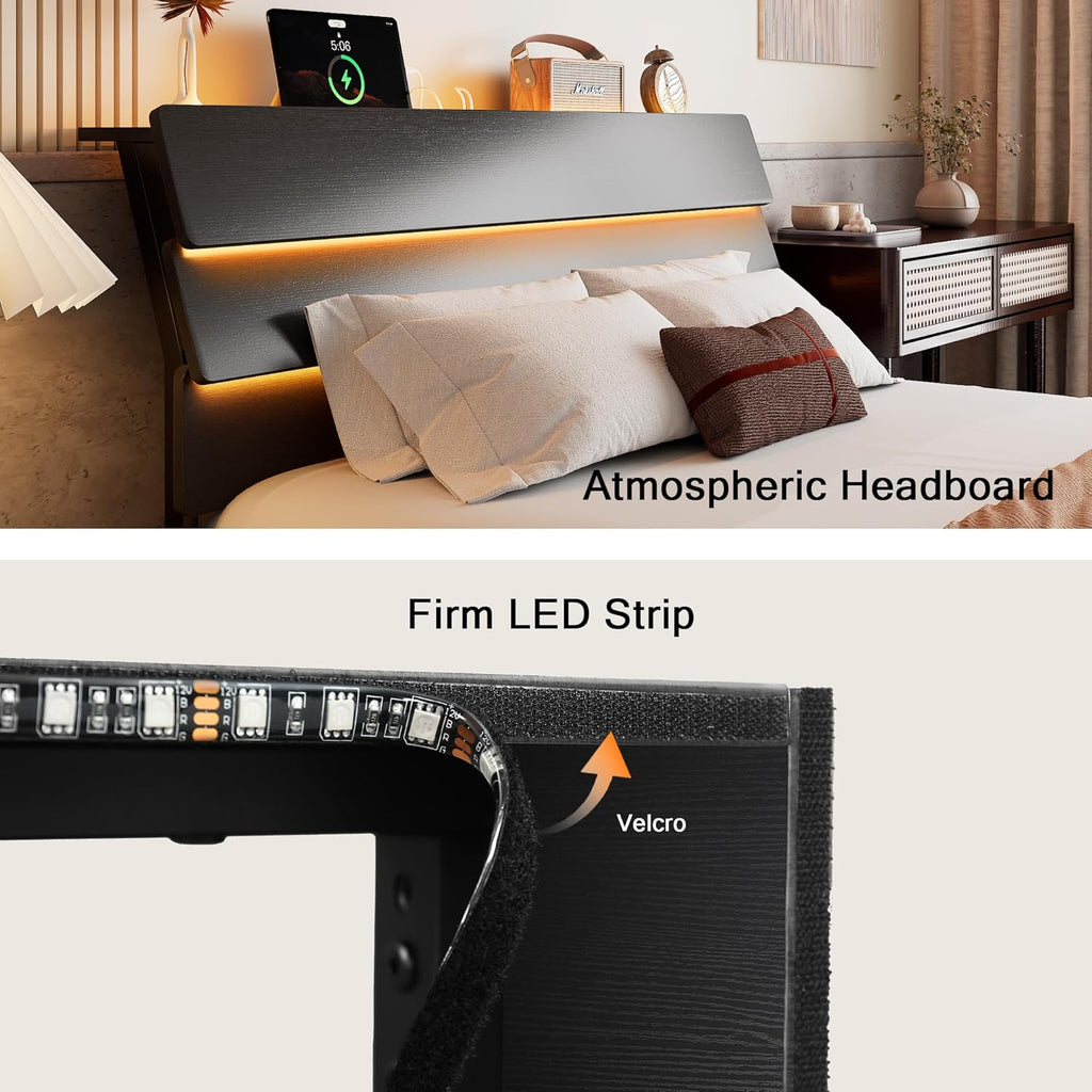 Floating Bed Frame Queen Size with Led Headboard and Charging Station, Metal Platform Bed Base with Storage, Remote Control, Heavy Slats Support, No Box Spring Needed, Noise Free, Black