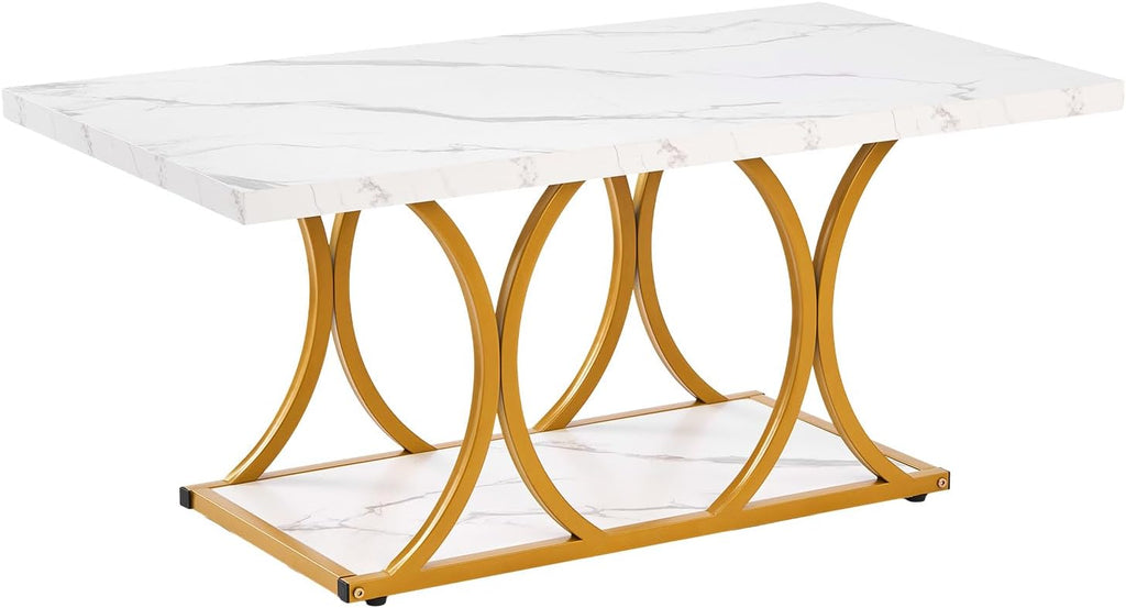 VEVOR Coffee Table, Modern Faux Marble Coffee Table, 2-Tier Rectangle Center Desk with Geometric Legs, Minimalist Sturdy Metal Frame Accent End Desk for Living Room, Office, Easy Assembly, White