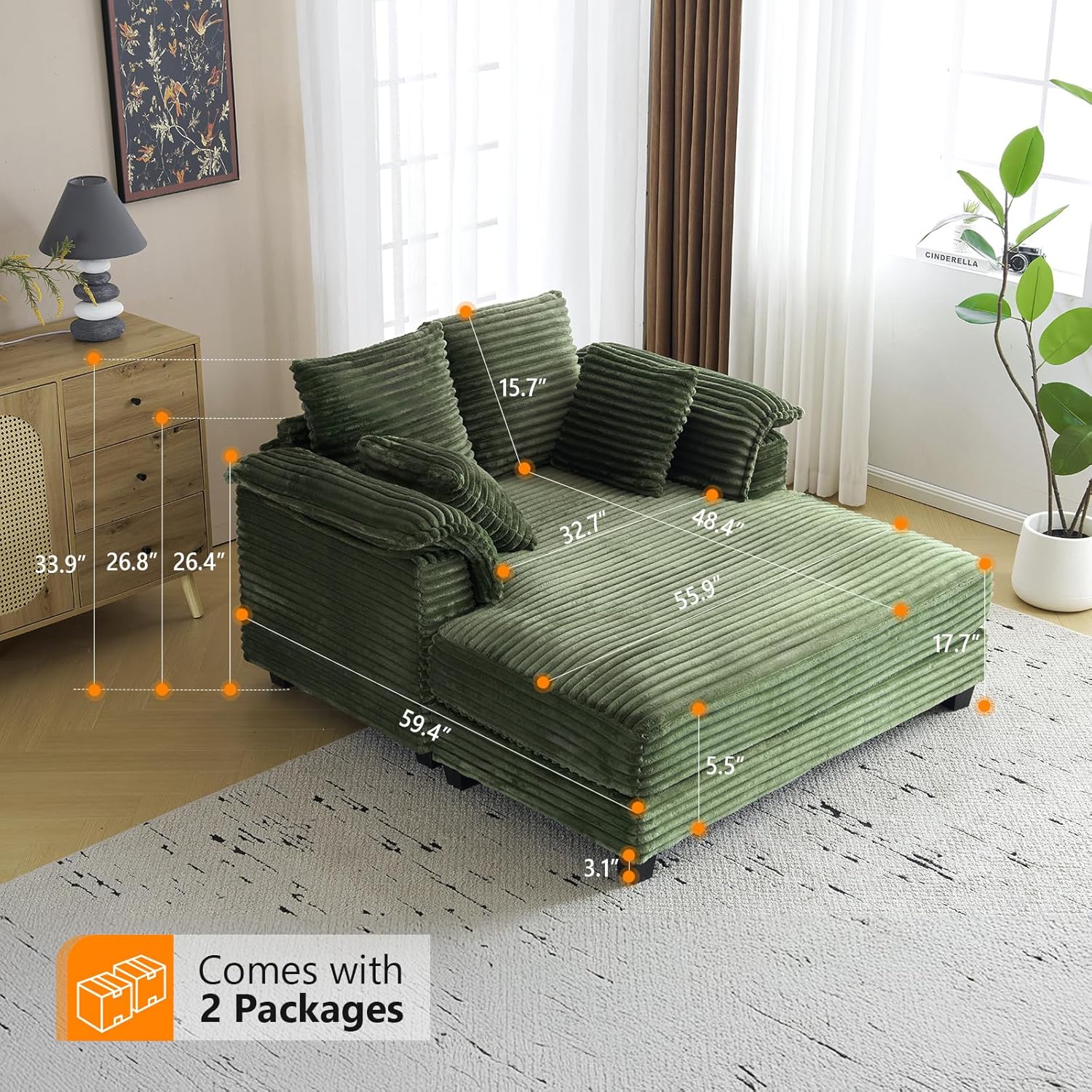 VINGLI Lounge Chair, 56" Oversized Reading Chair Corduroy Chaise Sofa Recliner Bed Upholstered Comfy Sleeper Couch with Throw Pillows and Armrests for Living Room, Movie Room, Bedroom