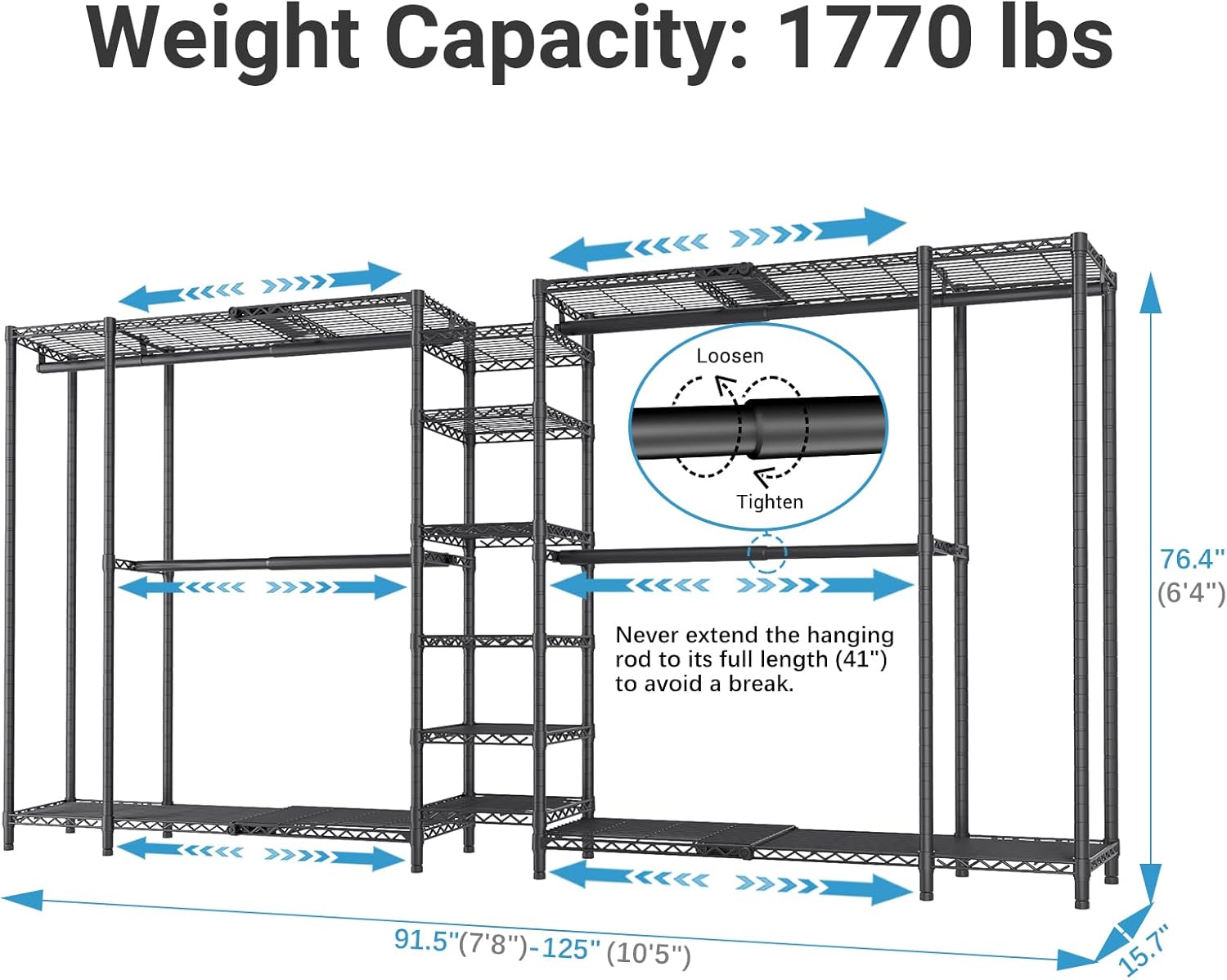 VIPEK X5 Extra Large Expandable Clothes Rack Adjustable from 7'8" to 10'5", Reach-in Closet Metal Clothing Racks Walk-in Freestanding Wardrobe Portable Closets, Black