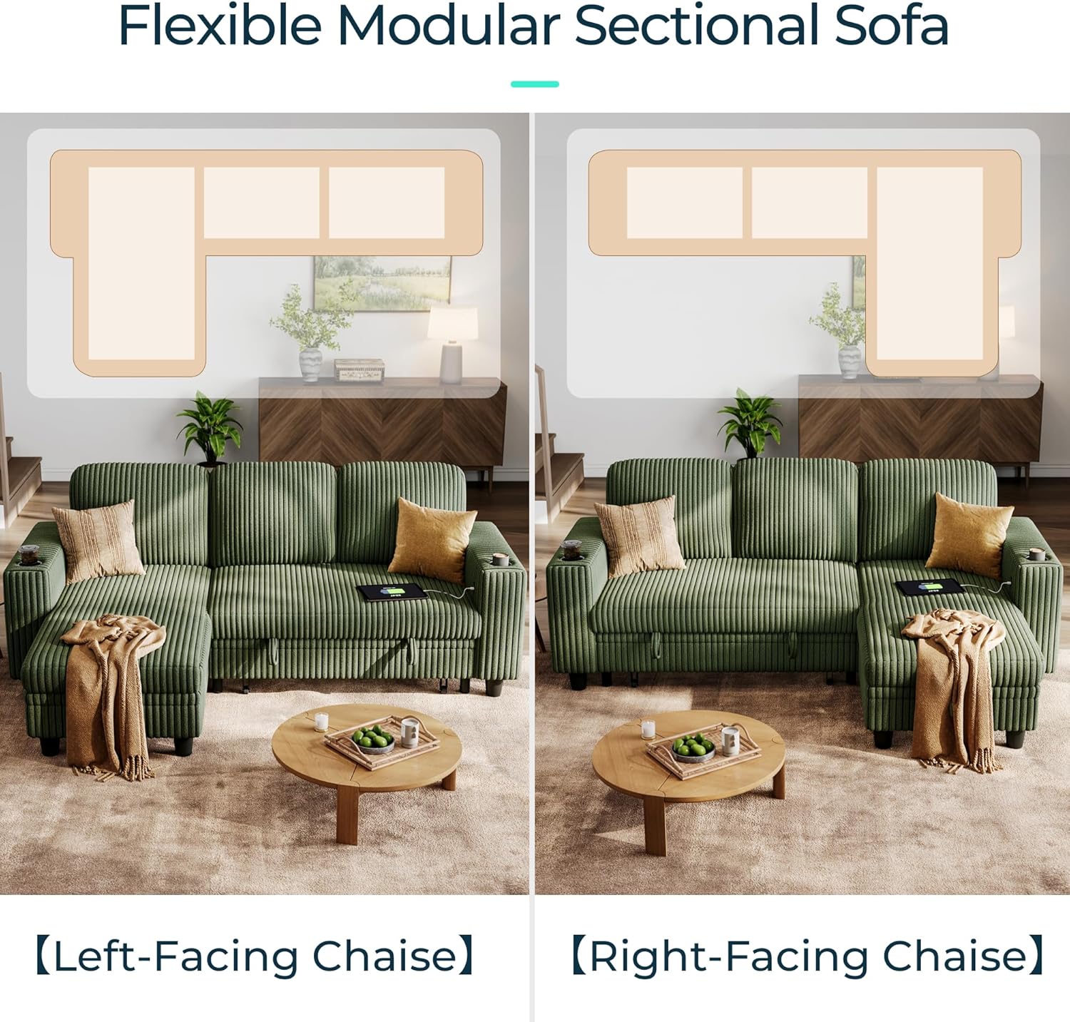 LINSY HOME Pull Out Sleeper Sofa Sectional Couches for Living Room, L Shaped Plush Corduroy Couch with Storage&USB Charging, Convertible Cloud Sectional Sofa Bed for Apartment, Green