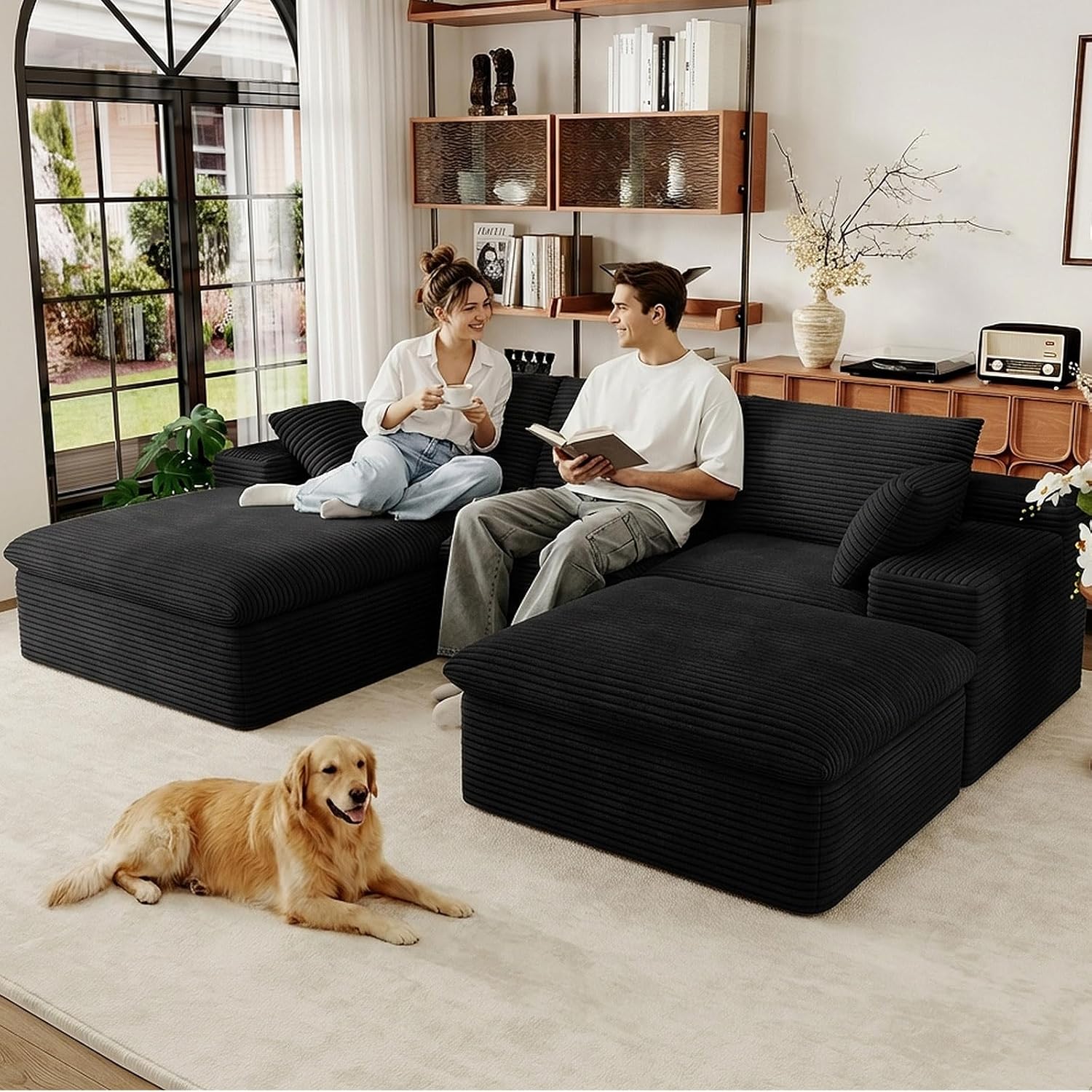 107" Cloud Couch Modular Sectional Sofa for Living Room, U-Shape Boneless Couch with Deep Seat, Modern Upholstered Corduroy 3-Seater with Ottoman, No Assembly Required (Black,Left-Facing Chaise)