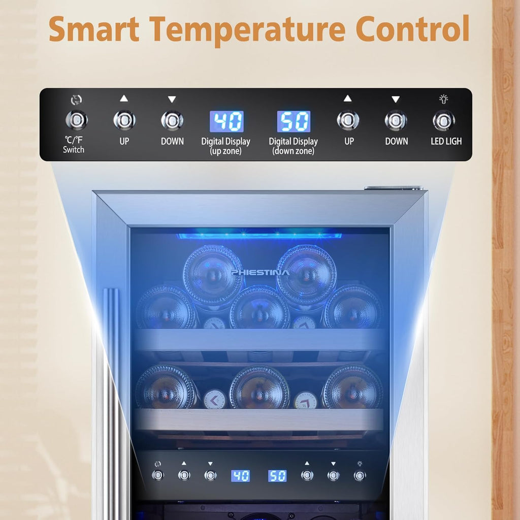 Phiestina 29 Bottles Wine Fridge, 15 Inch Dual Zone Wine Cooler Refrigerator Under Counter Cooling with Digital Memory, Auto Defrost Built-in/Freestanding