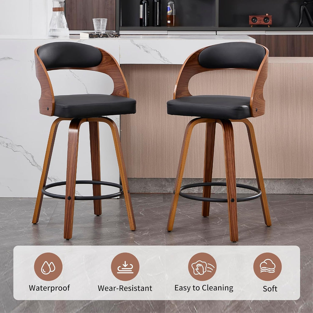 Swivel Bar Stools Set of 2, Walnut Counter Height Bar Stools with Back and Arms, 26" Modern Faux Leather Upholstered Bar Chairs with Bentwood Frame for Kitchen Island Bar - Black