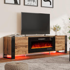 AMERLIFE Fireplace TV Stand with 36" Fireplace, 70" Modern Entertainment Center with High Gloss Doors & LED Lights, U-Shaped Legs TV Console Cabinet for TVs Up to 80", Rustic Oak