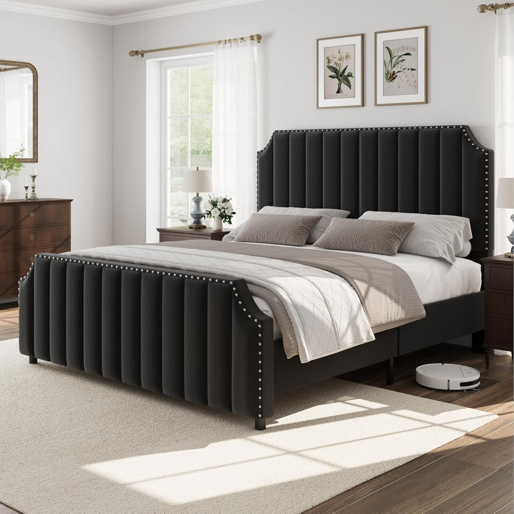 GarveeHome King Size Platform Bed Frame with 50.2 in Headboard, Velvet Upholstered Bed Frame King with Vertical Channel Tufted Headboard & Footboard, Nailhead Trim, No Box Spring Needed, Black