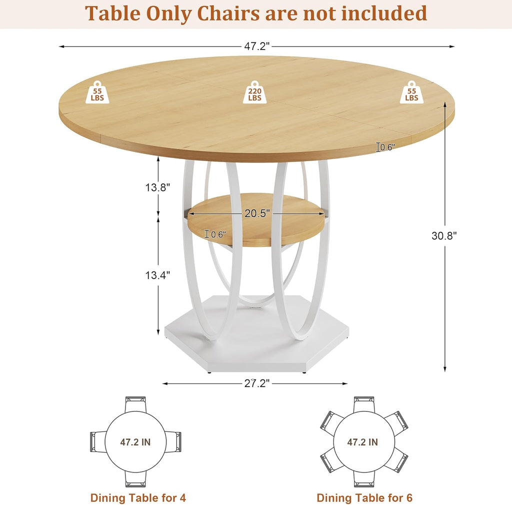 47.2" Round Dining Table for 4-6, Circle Kitchen Table with Open Storage Shelf, Modern Wooden Dinner Table with Metal Pedestal Base, Dining Room Tables for Kitchen Small Space, Natural Wood