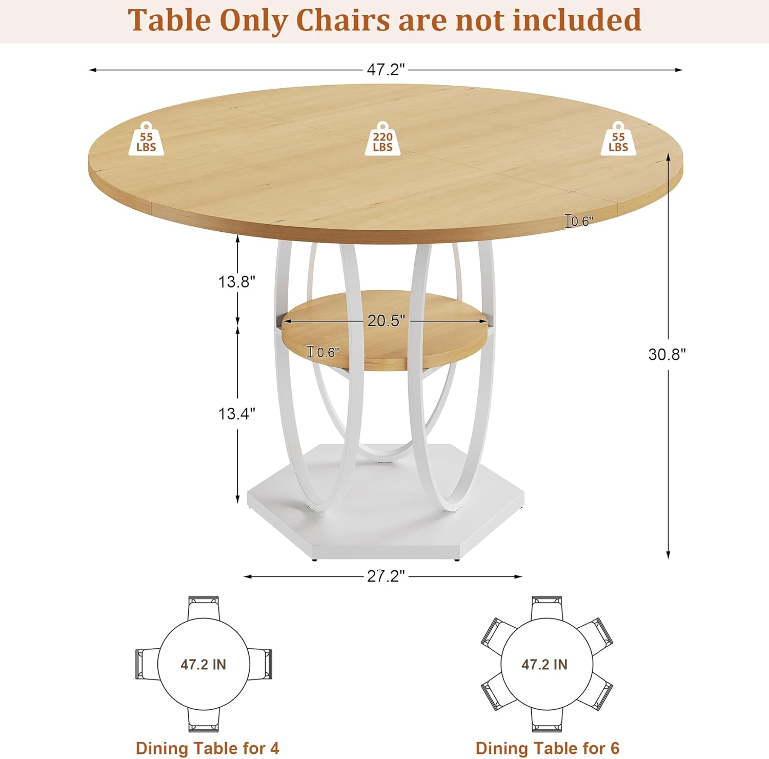 47.2" Round Dining Table for 4-6, Circle Kitchen Table with Open Storage Shelf, Modern Wooden Dinner Table with Metal Pedestal Base, Dining Room Tables for Kitchen Small Space, Natural Wood