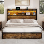 King Storage Bed Frame with 6 Drawers, USB Charging Station, No Noise, No Box Spring Required, Vintage Brown Headboard Platform Bed