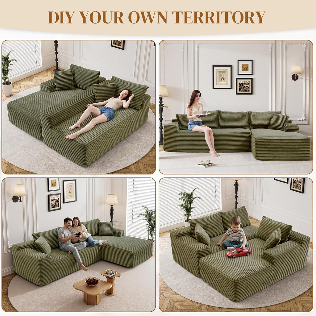95" Boneless Cloud Sectional Couches for Living Room, Comfy Fluffy L Shaped Memory Foam Deep Seat Boneless Couch, Modular Sectional Sofa with Right Facing Chaise, Olive Green