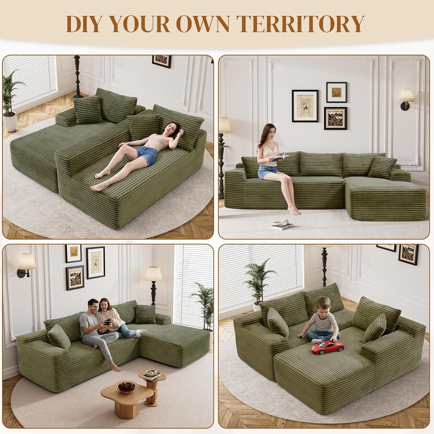 95" Boneless Cloud Sectional Couches for Living Room, Comfy Fluffy L Shaped Memory Foam Deep Seat Boneless Couch, Modular Sectional Sofa with Right Facing Chaise, Olive Green