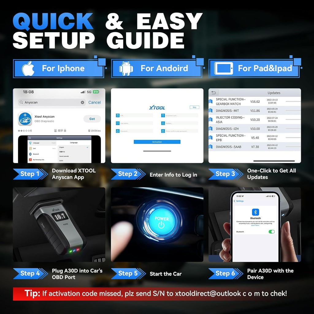 XTOOL Anyscan A30D OBD2 Scanner Diagnostic Tool - Bidirectional Scan Tool Wireless - Lifetime Updates & 19 Resets Crank Sensor EPB Throttle Relearn - Full System Car Code Reader for iPhone & Android