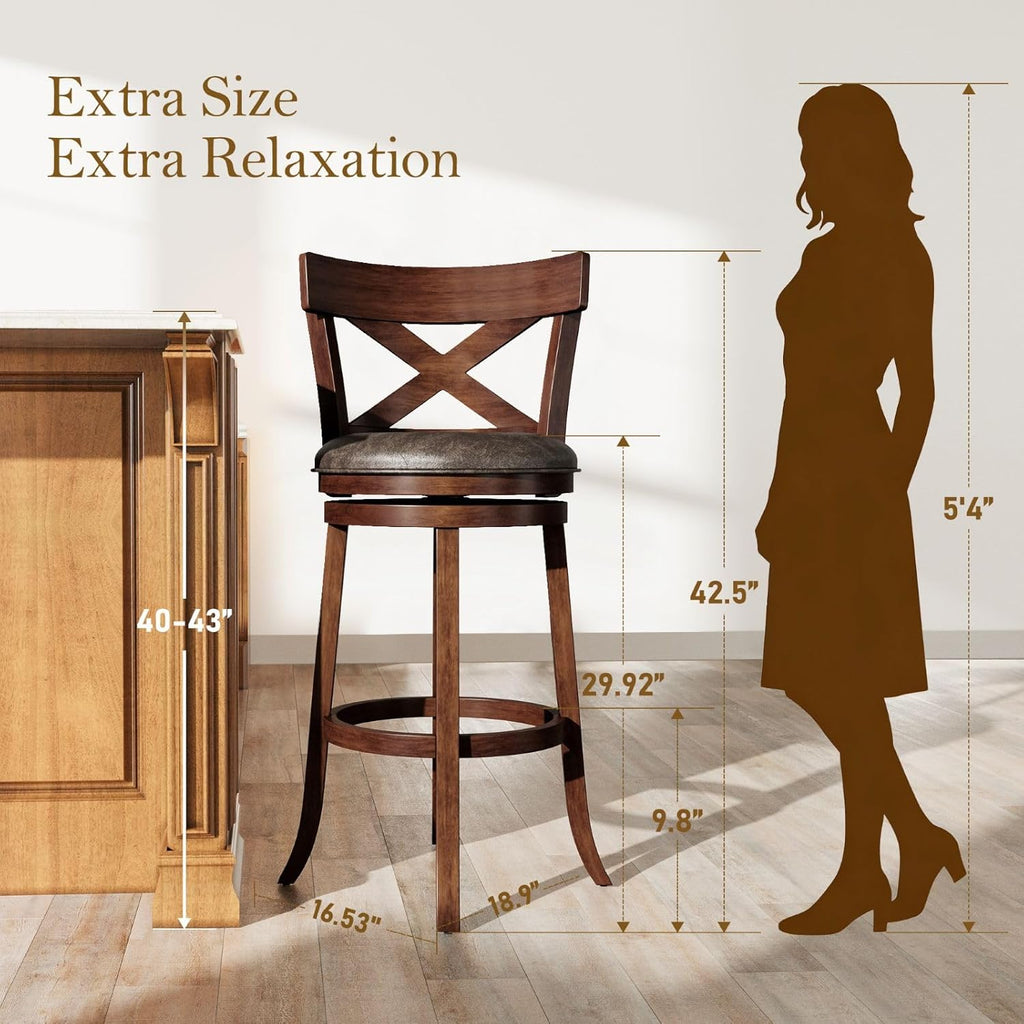 Sophia & William Swivel Bar Stools Set of 2, 360-Degree Swivel Stools with Cross Back, 30 Inch Walnut Kitchen Counter Bar Stools, Brown