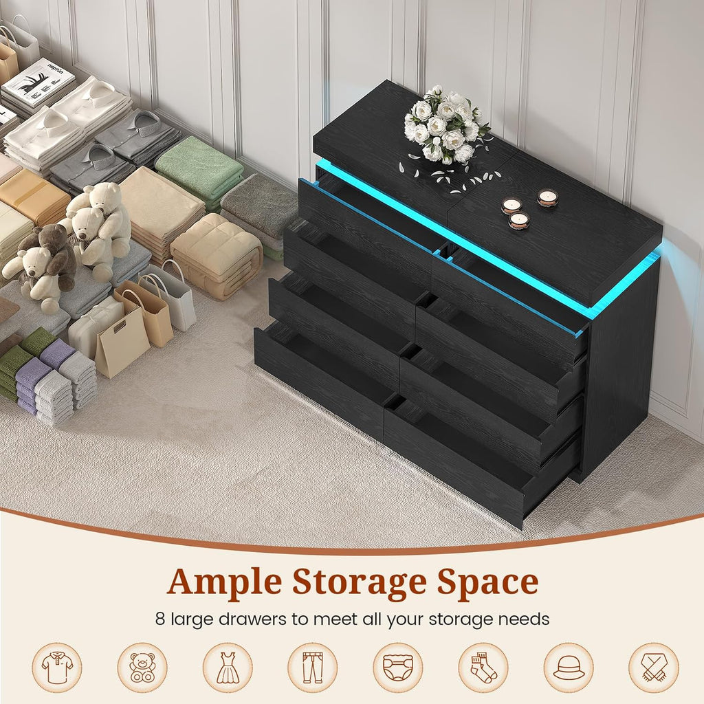 Tall Black 8 Dresser for Bedroom, Sliding Top Storage Space, Modern Wood Drawers with LED Light and Power Outlet, Large Chest of Drawer for Living Room, Hallway, Entryway (8 Drawers,Black)