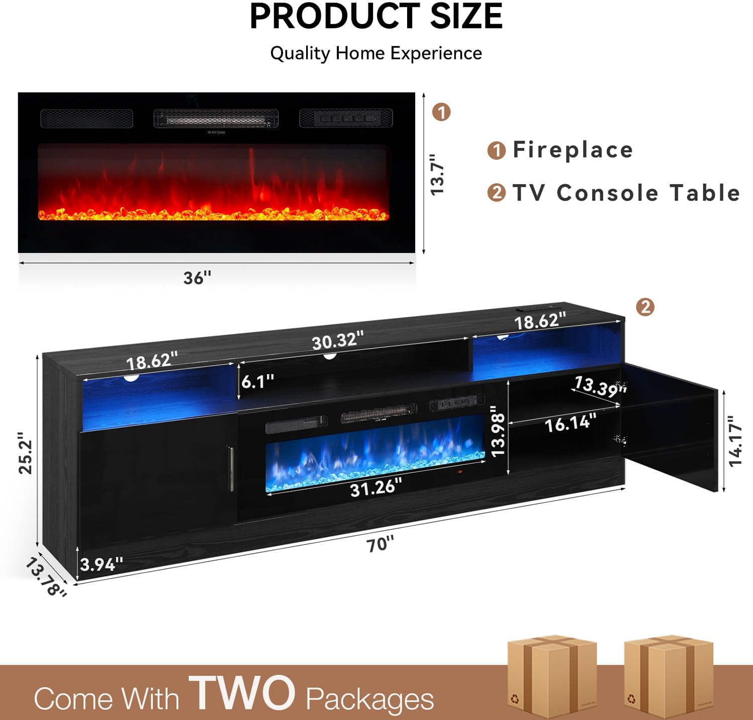 MXV 70" Fireplace TV Stand with Power Outlet for TVs UP to 80", Electric Fireplace Entertainment Center with LED Lights & Storage Cabinets, TV Console for Living Room, Office, Black-Black
