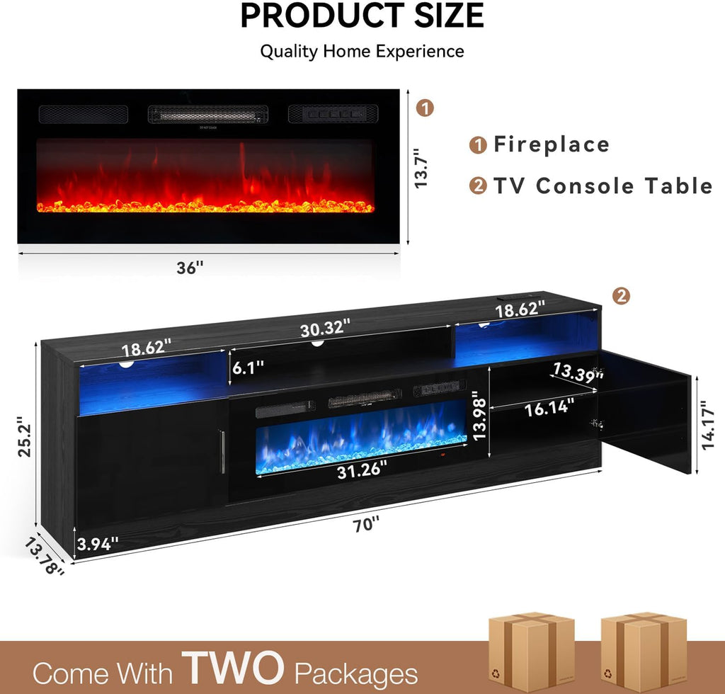 MXV 70" Fireplace TV Stand with Power Outlet for TVs UP to 80", Electric Fireplace Entertainment Center with LED Lights & Storage Cabinets, TV Console for Living Room, Office, Black-Black