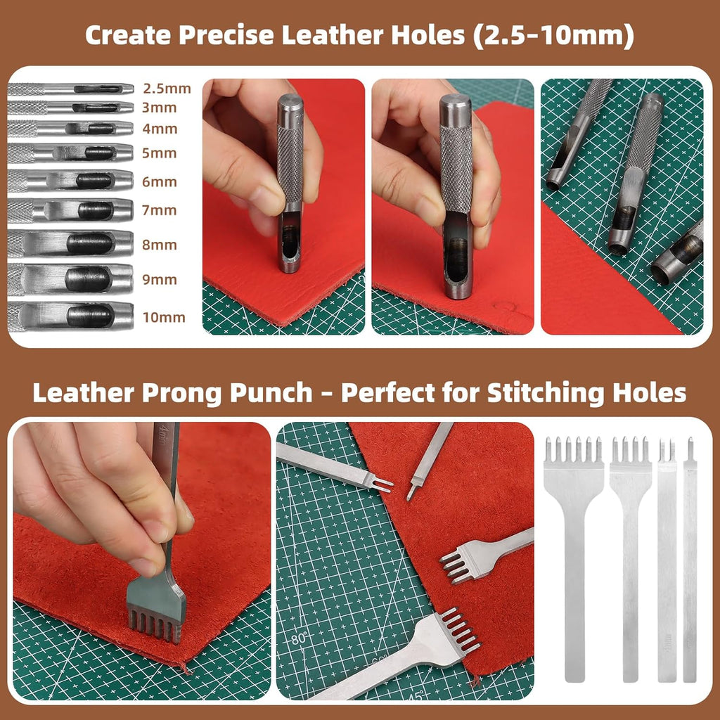 Leather Working Tooling Kit All-in-One Set Leatherworking Crafting Tools with Apron Custom Handbag Cutting Mats Stamping Engraving Punching Sewing Sanding Tools for Leather Making Repair Professional