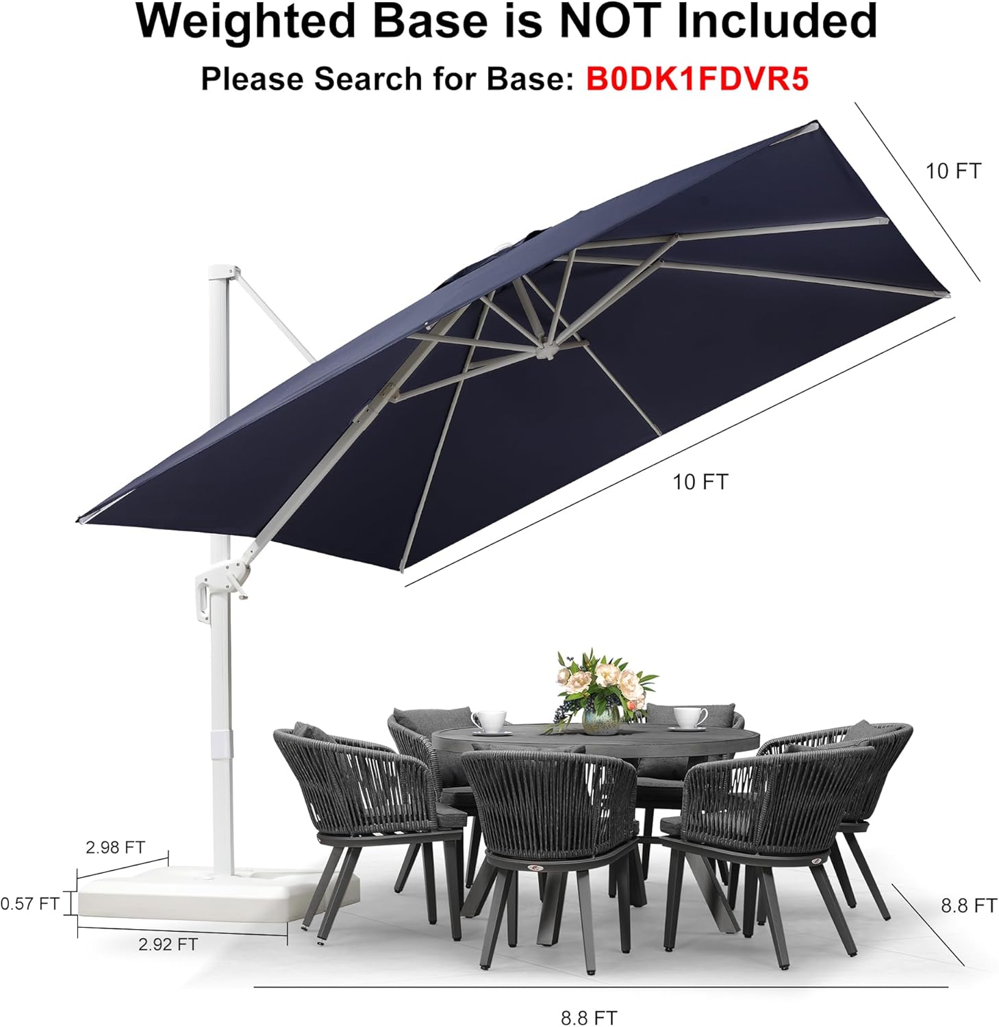 PURPLE LEAF 10 FT Patio Umbrella White Cantilever Umbrella Aluminum Square Outdoor Offset Umbrella Hanging Windproof with 360° Rotation for Garden Deck Pool, Navy Blue