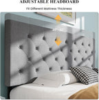 SHA CERLIN Upholstered King Size Platform Bed Frame with 4 Storage Drawers, Adjustable Headboard with Diamond Stitched Button Tufted Design, Wooden Slat Support, No Box Spring Needed, Light Grey