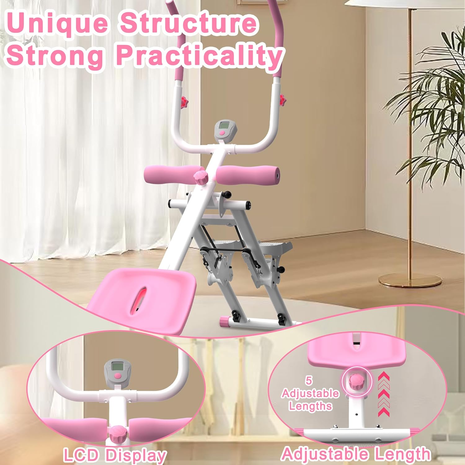 Multi-Function Full-Body Trainer, 2-in-1 Stair Stepper and Ab Machine, Pink, 300 LBS Capacity, LCD Display, Adjustable