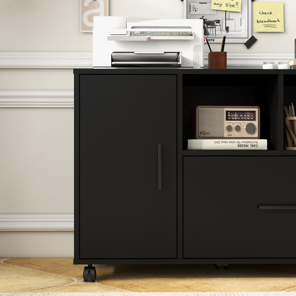 Panana Wood File Cabinet with Lock, 1-Drawer Wooden Office Lateral Filing Cabinet on Wheels Mobile Printer Stand with Open Storage Shelf for Letter/Legal/A4 Size Files (Black1)