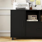 Panana Wood File Cabinet with Lock, 1-Drawer Wooden Office Lateral Filing Cabinet on Wheels Mobile Printer Stand with Open Storage Shelf for Letter/Legal/A4 Size Files (Black1)