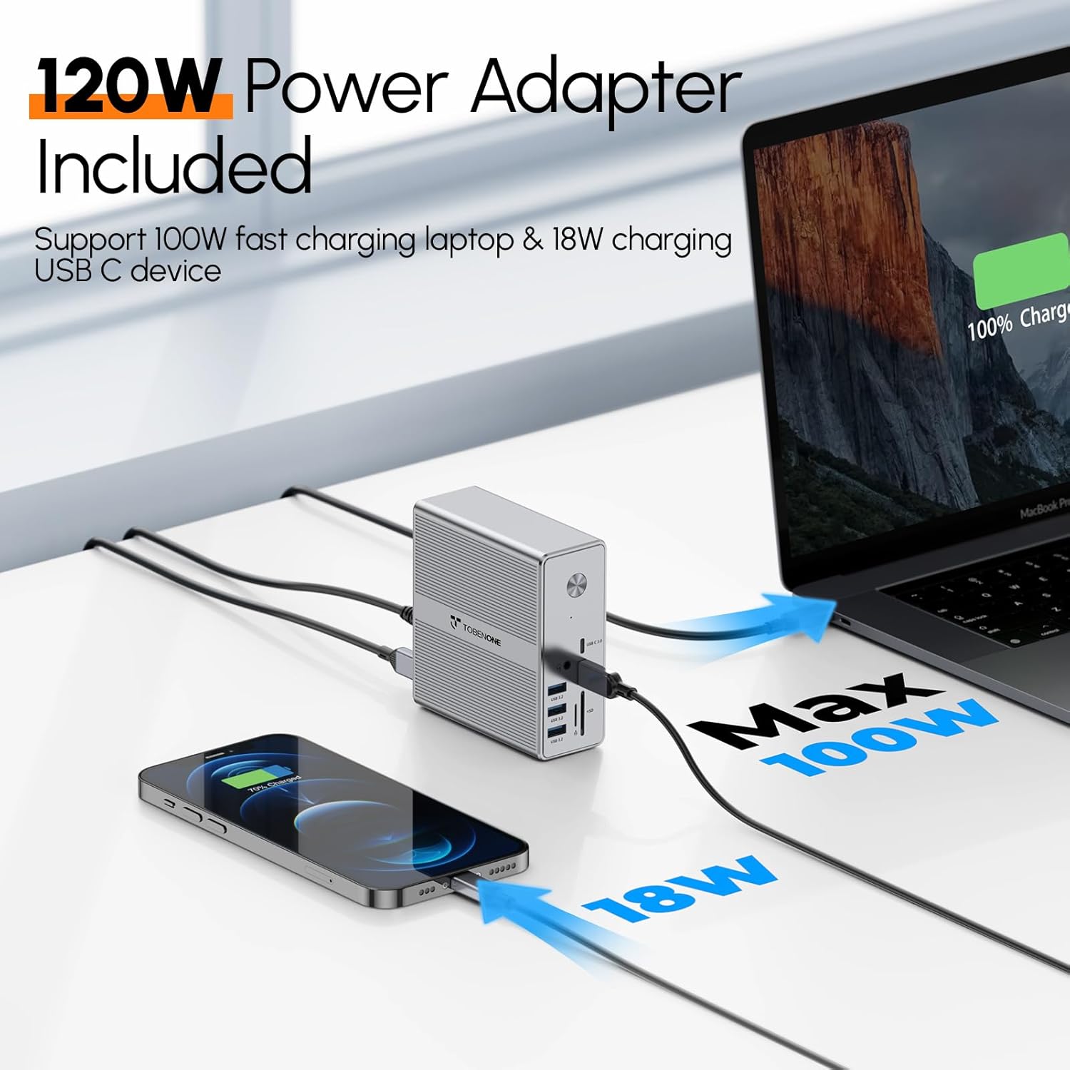 TobenONE DisplayLink Docking Station Triple Monitor with 120W Power Adapter  Triple 4K Display for MacBook Pro/Air  Thunderbolt 4/3  USB-C Windows(3X HDMI  3X DP  2xUSB-C  4xUSB 3.2  SD/TF)