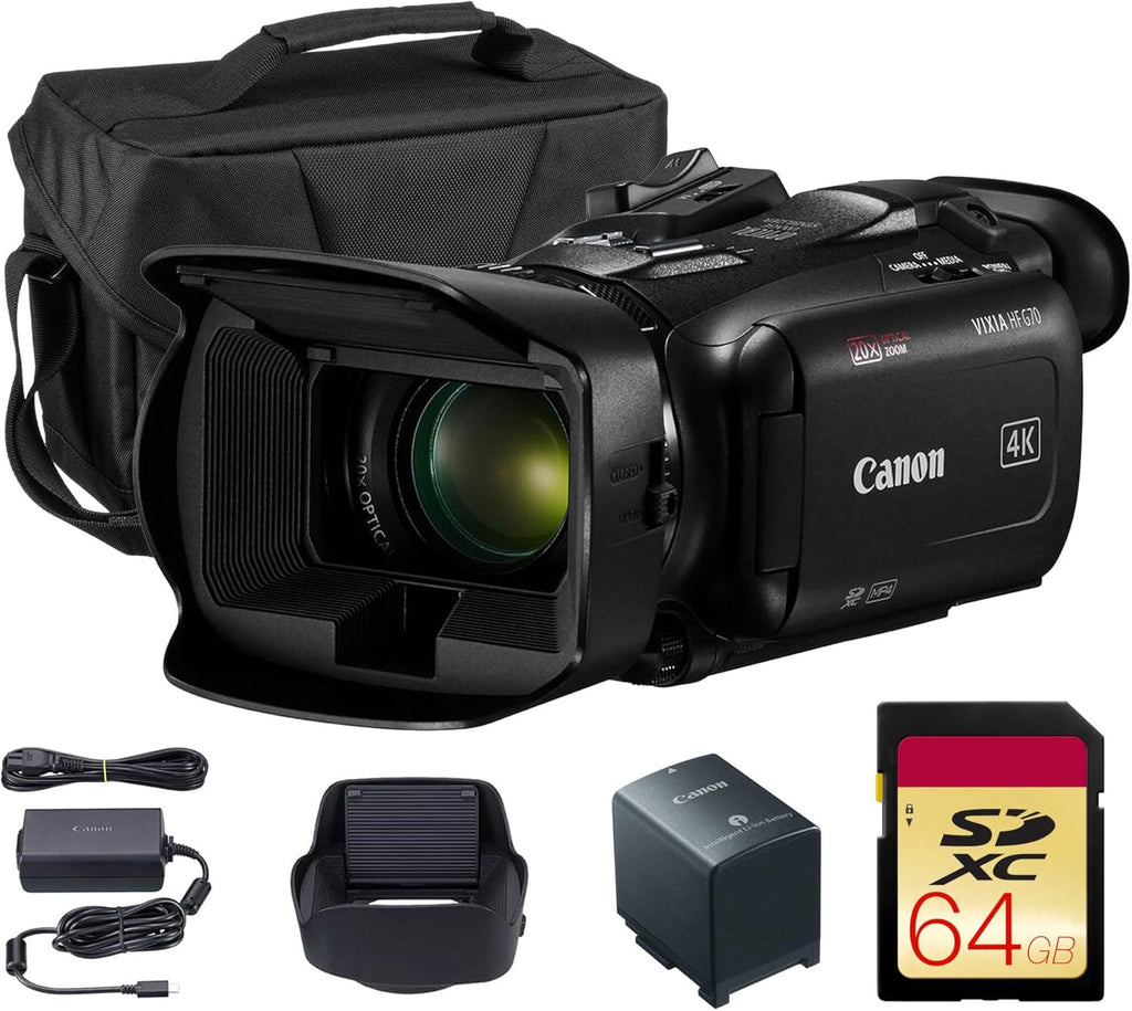 Canon VIXIA HF G70 4K Camcorder – UHD Video Camera with 20x Optical Zoom  1/2.3" CMOS Sensor  Dual SD Slots & HDMI Output (5734C002) + Shoulder Bag + 64GB Memory Card