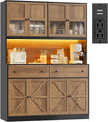 FINETONES 71" Pantry Cabinet with LED Light and Charging Station, Farmhouse Kitchen Pantry Cabinet with Microwave Stand, 47.2" Wide Kitchen Hutch Food Pantry with Open Countertop, Black/Brown