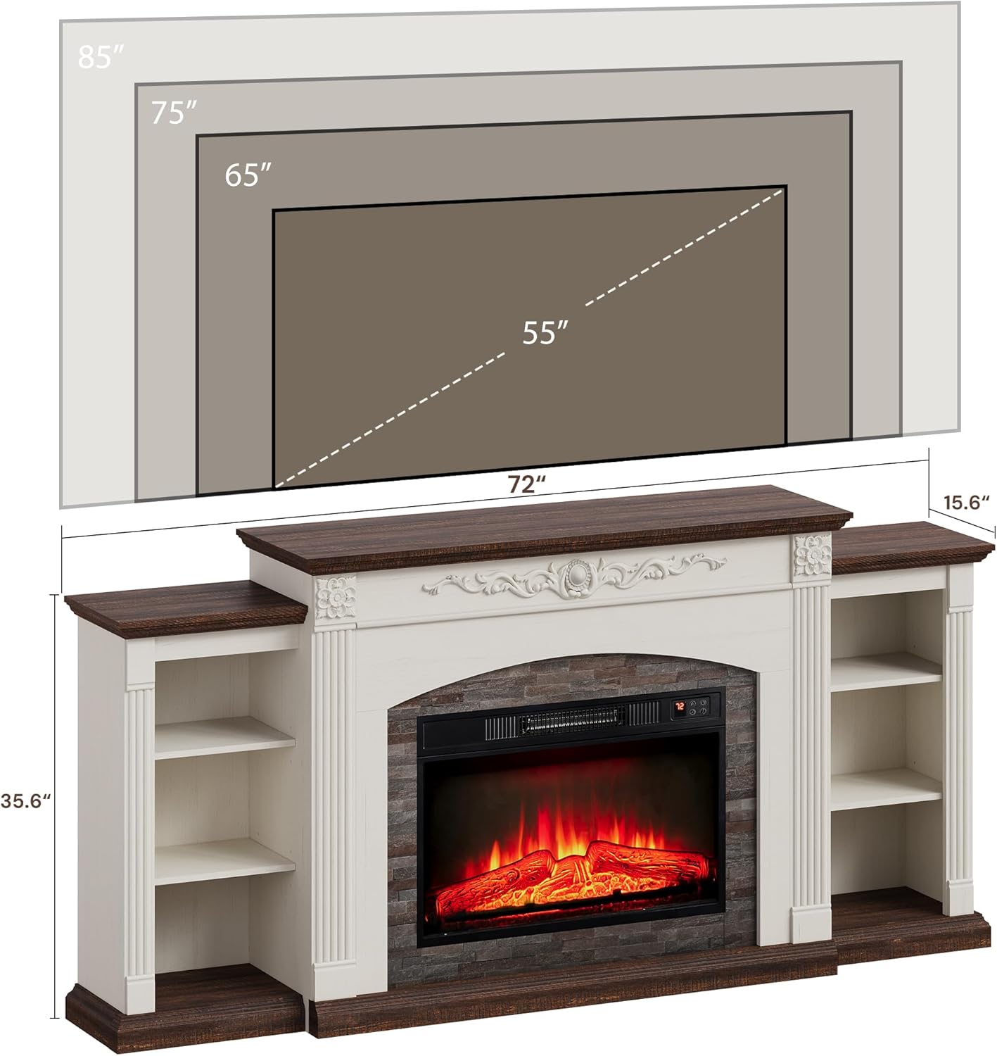 72" Electric Fireplace TV Stand for TVs Up to 85", Farmhouse Entertainment Center with Realistic Stacked Stone Surround, Freestanding Heater, Wooden Carved Mantel for Living Room, White