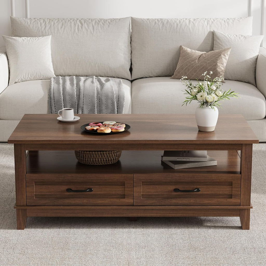 GarveeHome Farmhouse Coffee Table with Drawers, 47.2 in Center Table Rustic Coffee Tables Walnut Center Table with Open Shelf, 6 Support Legs