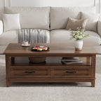 GarveeHome Farmhouse Coffee Table with Drawers, 47.2 in Center Table Rustic Coffee Tables Walnut Center Table with Open Shelf, 6 Support Legs