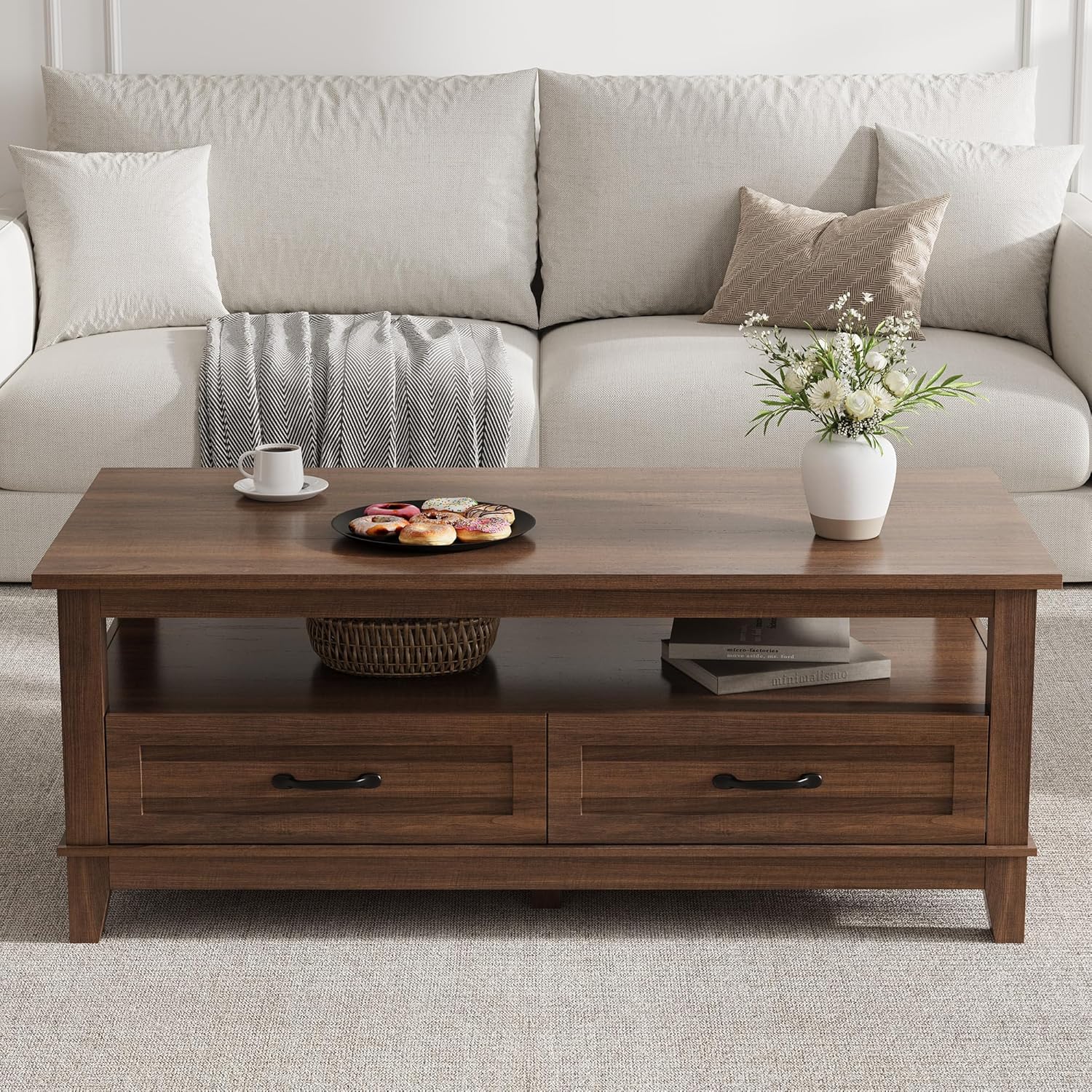 GarveeHome Farmhouse Coffee Table with Drawers, 47.2 in Center Table Rustic Coffee Tables Walnut Center Table with Open Shelf, 6 Support Legs