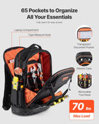 VEVOR Tool Backpack with Tools, 65 Pockets, Heavy-duty Tools Storage Organizer Bags with Laptop Compartment & Molded Base, Electrician Jobsite Backpack for Electrician, Repairman, and HVAC Techs