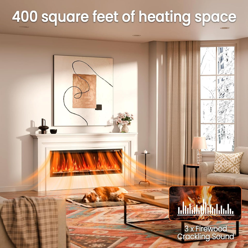 60” Smart Electric Fireplace with Voice Control, Realistic Flame, Crackling Sound, Wall Mounted or Recessed Fireplace Insert, App/Remote Control, Logs & Crystals Included for Living Room, Bedroom
