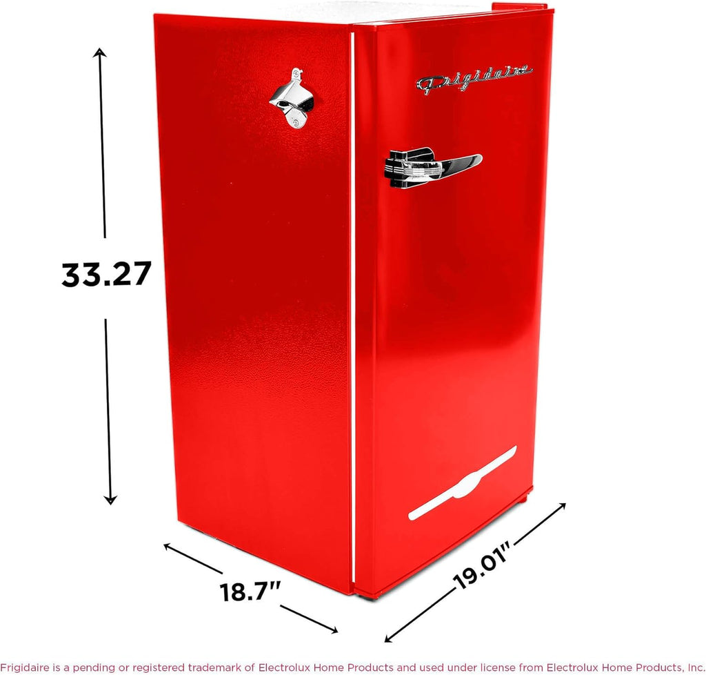 Frigidaire Retro Compact Fridge with Chiller, 3.2 cu ft Countertop Fridge with Built-In Bottle Opener, Compact Refrigerator for Office, Bedroom, Dorm Room or Cabin (Red)